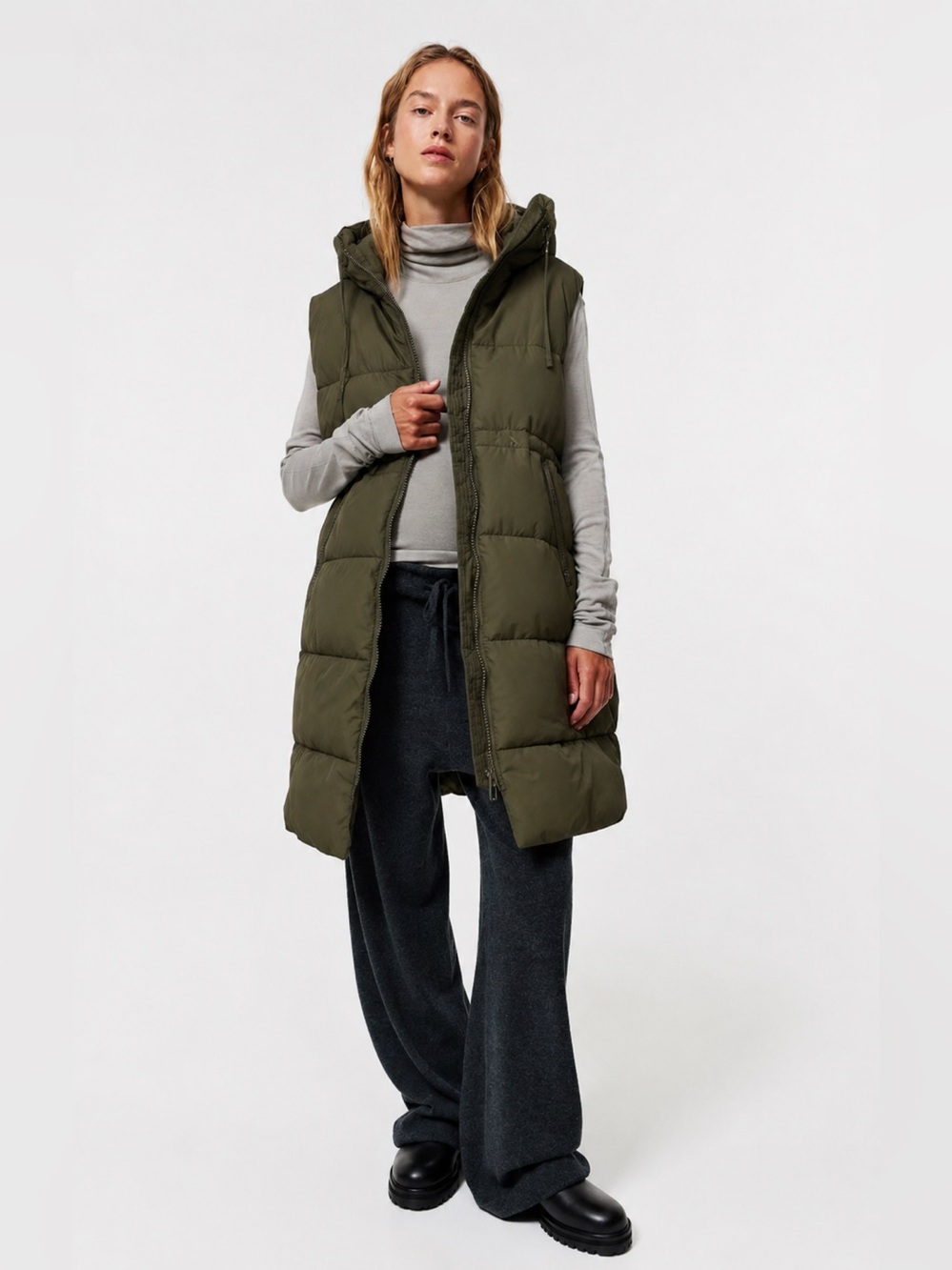 Zara Olive Green Longline Puffer Vest Hooded Sleeveless XS
